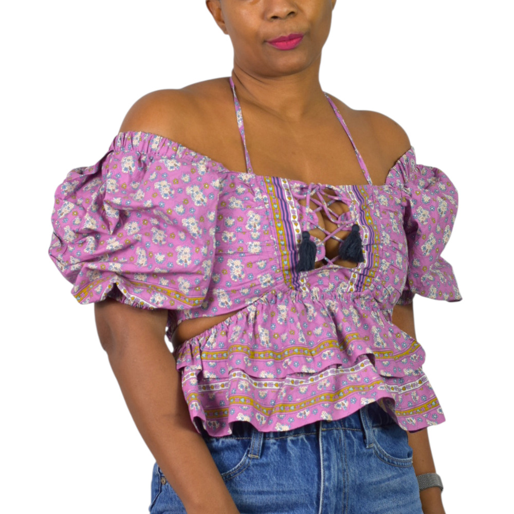 Sea New York Perry Peplum Halter Top Purple Lilac Floral Tassel Smock Cutout XS